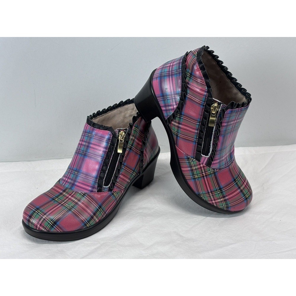 NEW! Alegria Hannah Tartan Bootie Sz 36 US 6.5? Women's Red Pink Plaid Zip Shoes